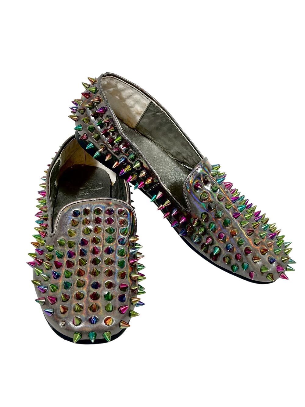 UNIF Hellraiser Spiked Studded Loafers Flats Womens 6 Gray Metallic Rainbow